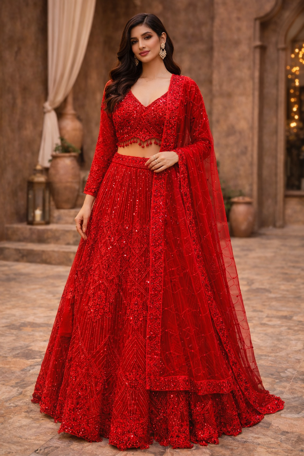 Bridal Red Heavy Embroidered Net Lehenga Set with Dupatta